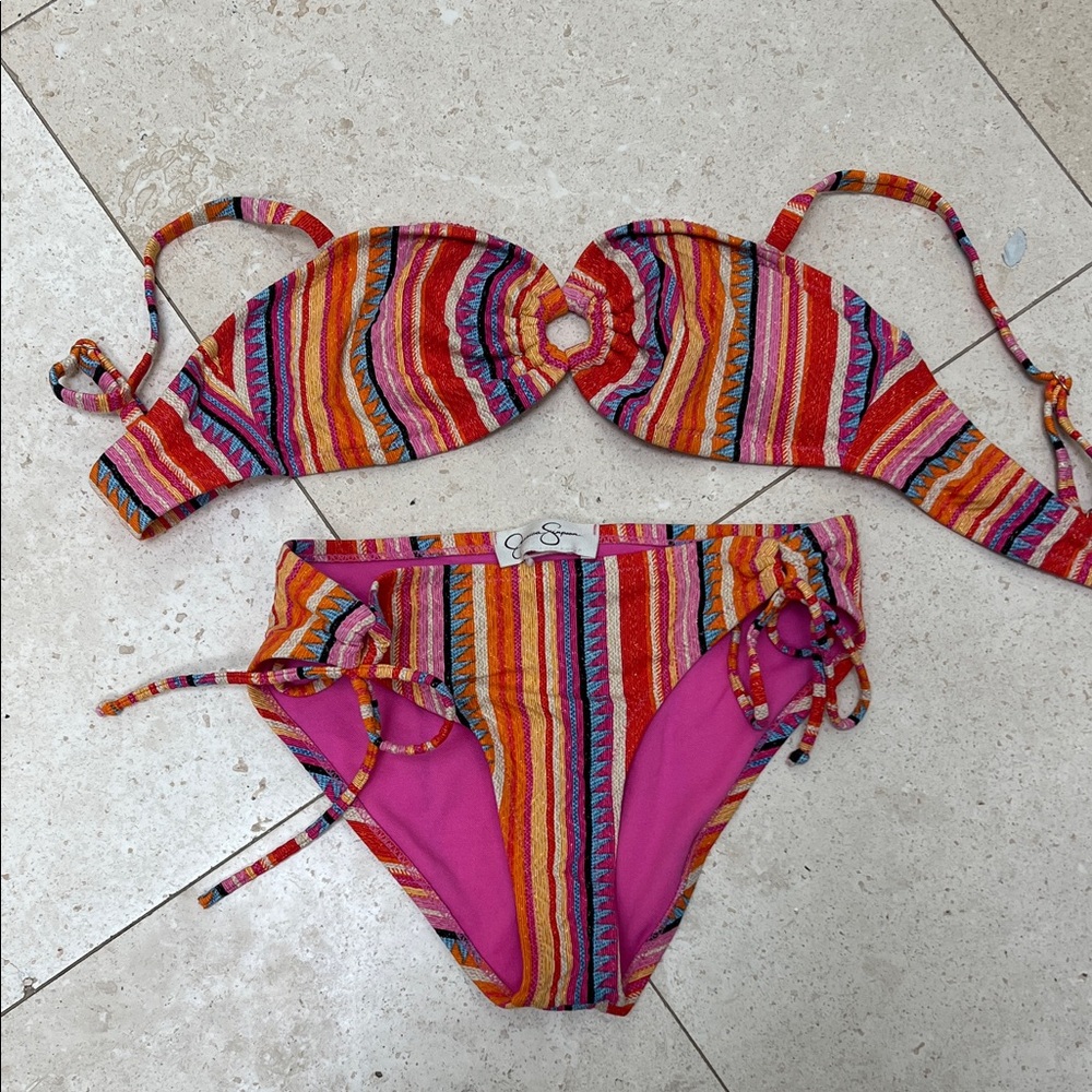 Jessica Simpson Multicolor Stripe Ring-Front Bikini - Pink, Orange, Red